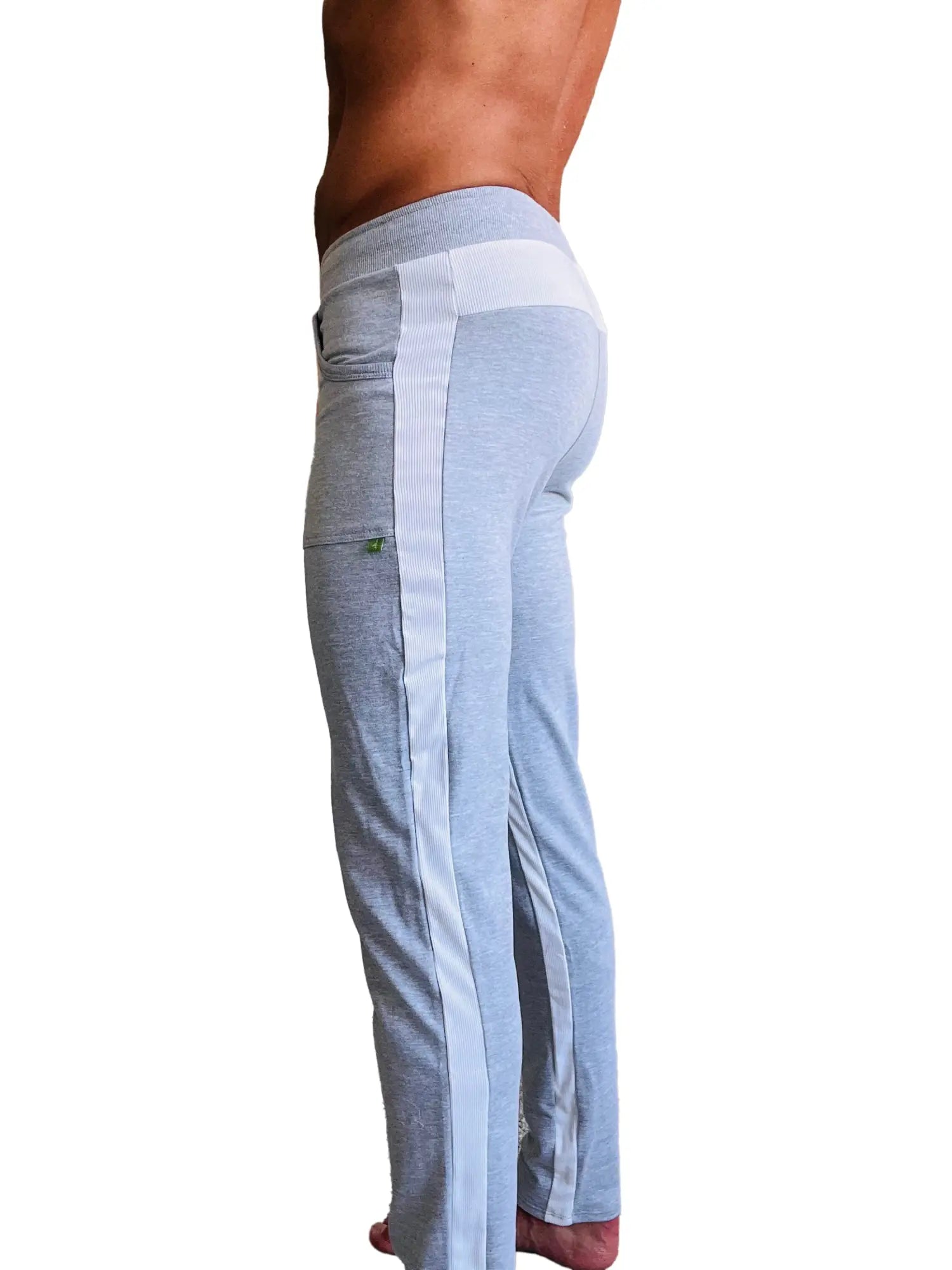 Light gray eco-track and yoga sweat pant with white vertical stripe and elastic waistband made from heather grey fabric