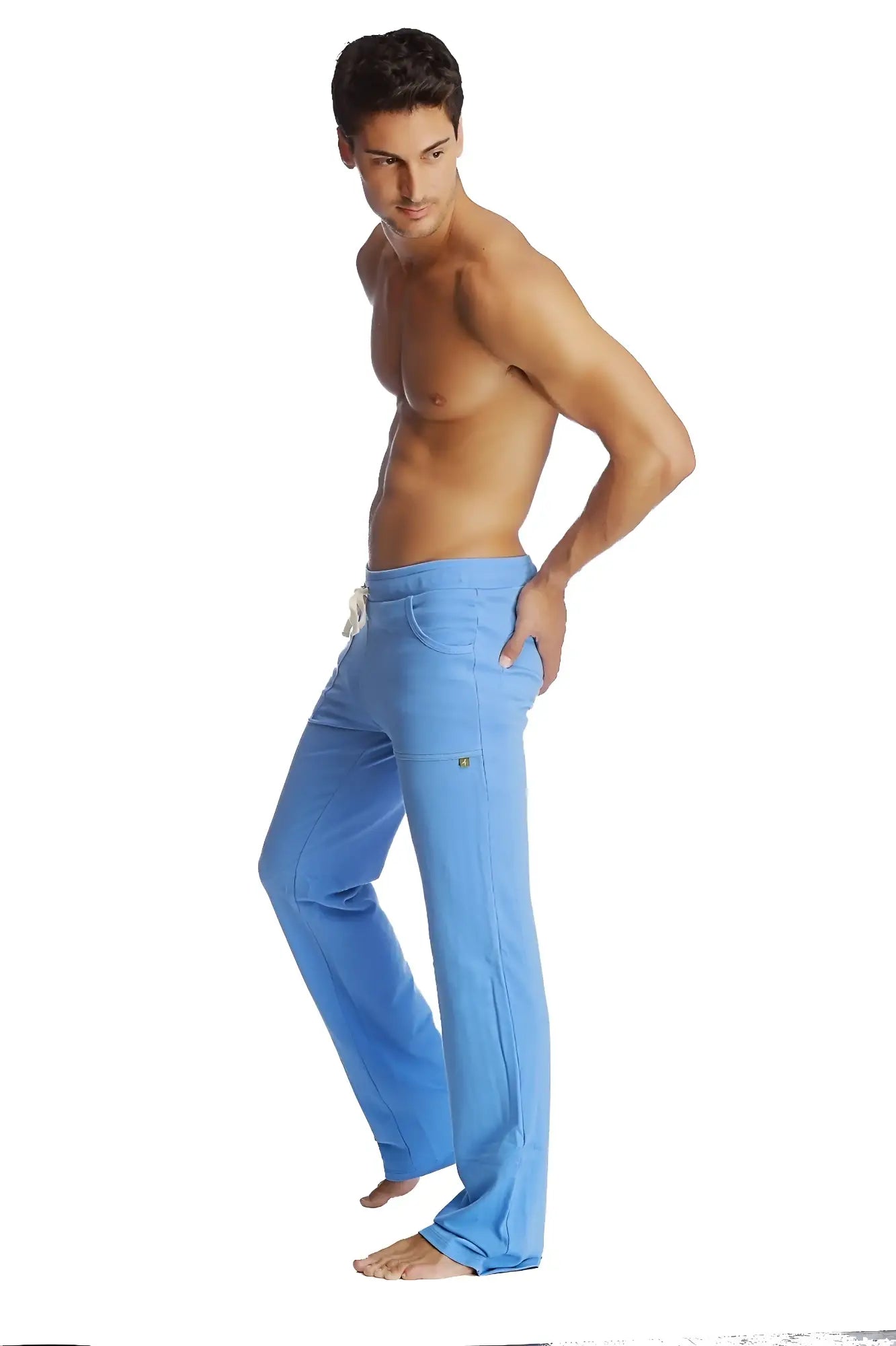 Light blue eco-track and yoga sweat pants with loose fit drawstring waist and side pockets for comfortable wear