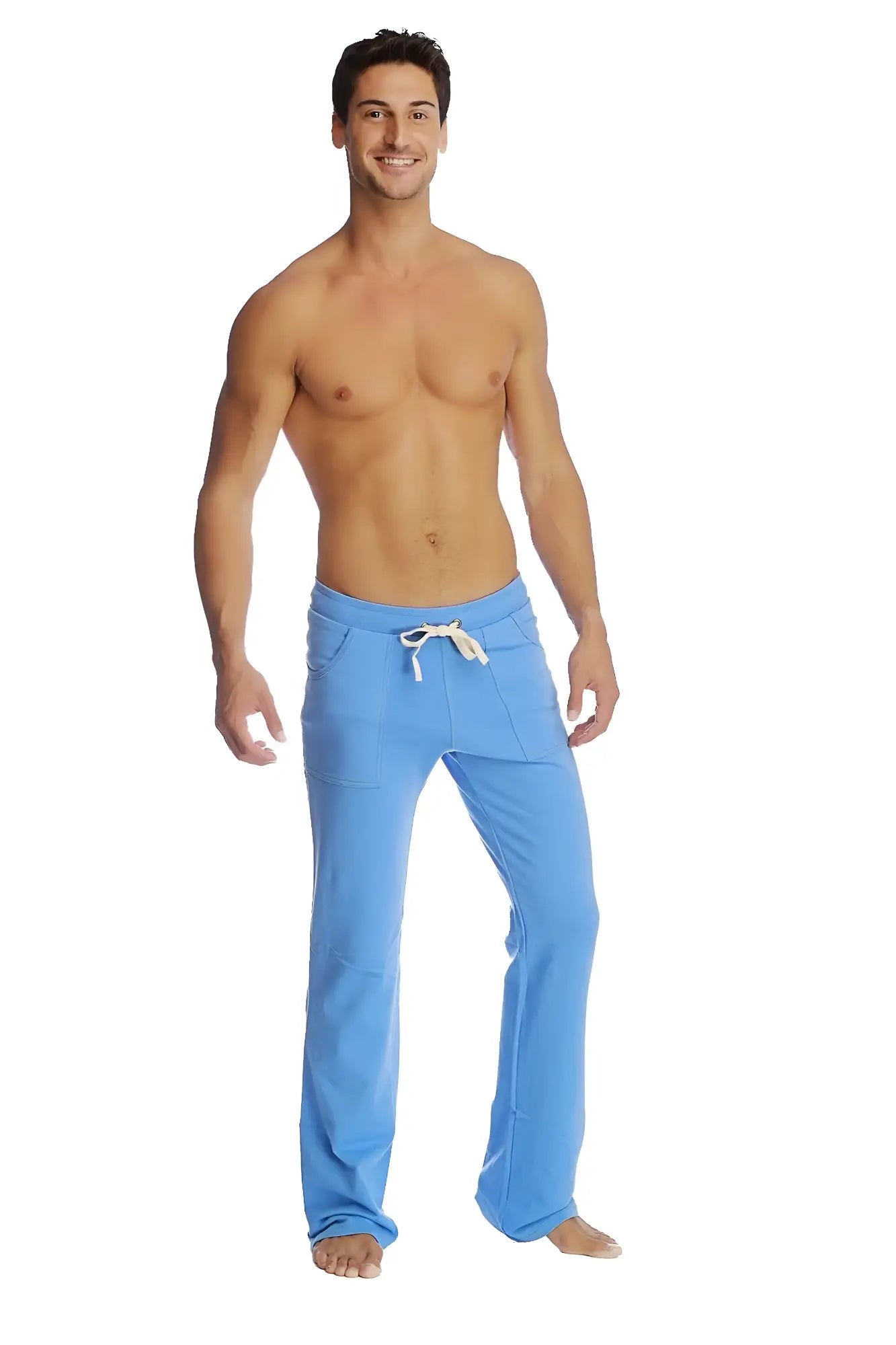 Eco-track and yoga sweat pant in ice blue soft fabric with white drawstring waistband designed for yoga and casual wear