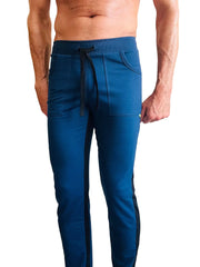 Royal blue eco-track and yoga sweat pant with black side stripes and matching drawstring waistband for athletic wear