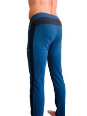 Eco-track and yoga sweat pant in royal blue with black side stripes and ribbed waistband for athletic use