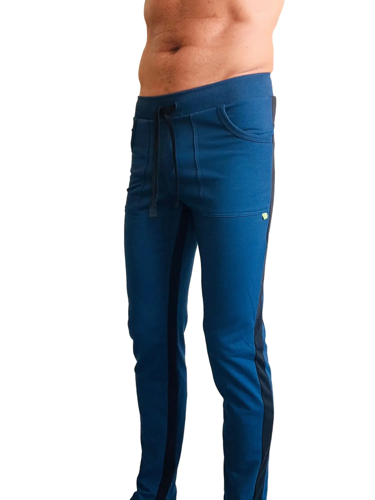Eco-track and yoga sweat pant in royal blue with black side stripes and a drawstring waistband for athletic use