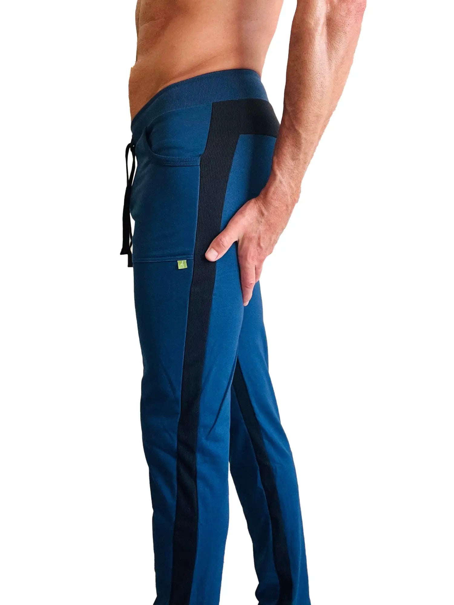 Eco-track and yoga sweat pant in royal blue with black side stripes and drawstring waistband made from soft fabric