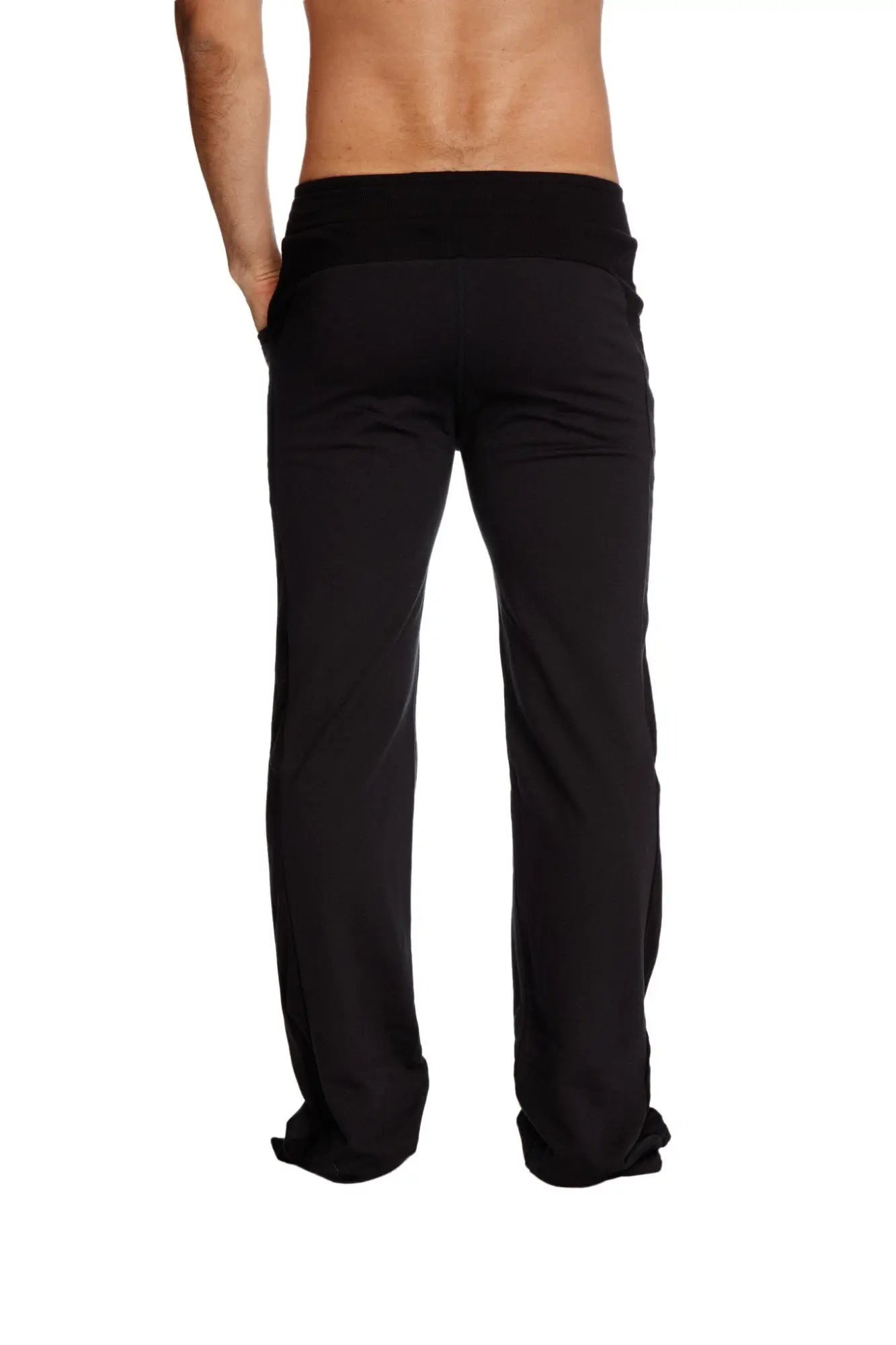 Black stretchy eco-track and yoga sweat pant with wide elastic waistband and tapered legs in solid black
