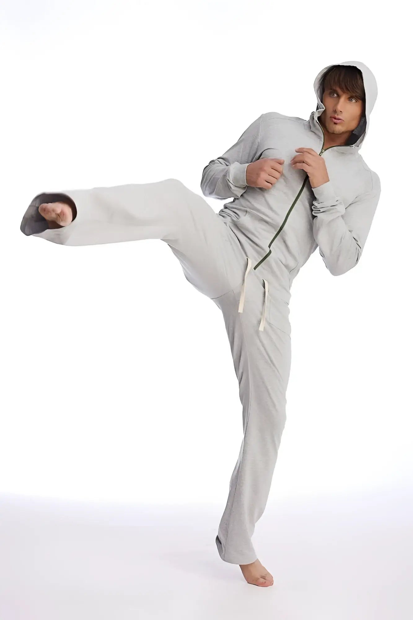 Light gray eco-track and yoga sweat pant set with hooded sweatshirt, full-zip front, dark green zipper, and white drawstrings