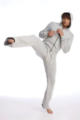 Light gray eco-track and yoga sweat pant set with hooded sweatshirt, full-zip front, dark green zipper, and white drawstrings