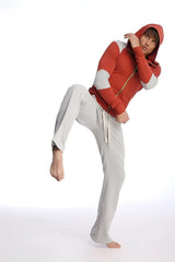 Red and gray zip-up hoodie with white sleeve panels paired with solid heather grey eco-track and yoga sweat pant