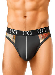 Black ug branded edge cotton thong with plaid side panels and silver seam showing front view