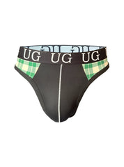 Black edge cotton thong with green and white plaid side accents and a white vertical seam down the center