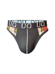 Edge cotton thong black underwear with plaid sides and white stitching down the center front