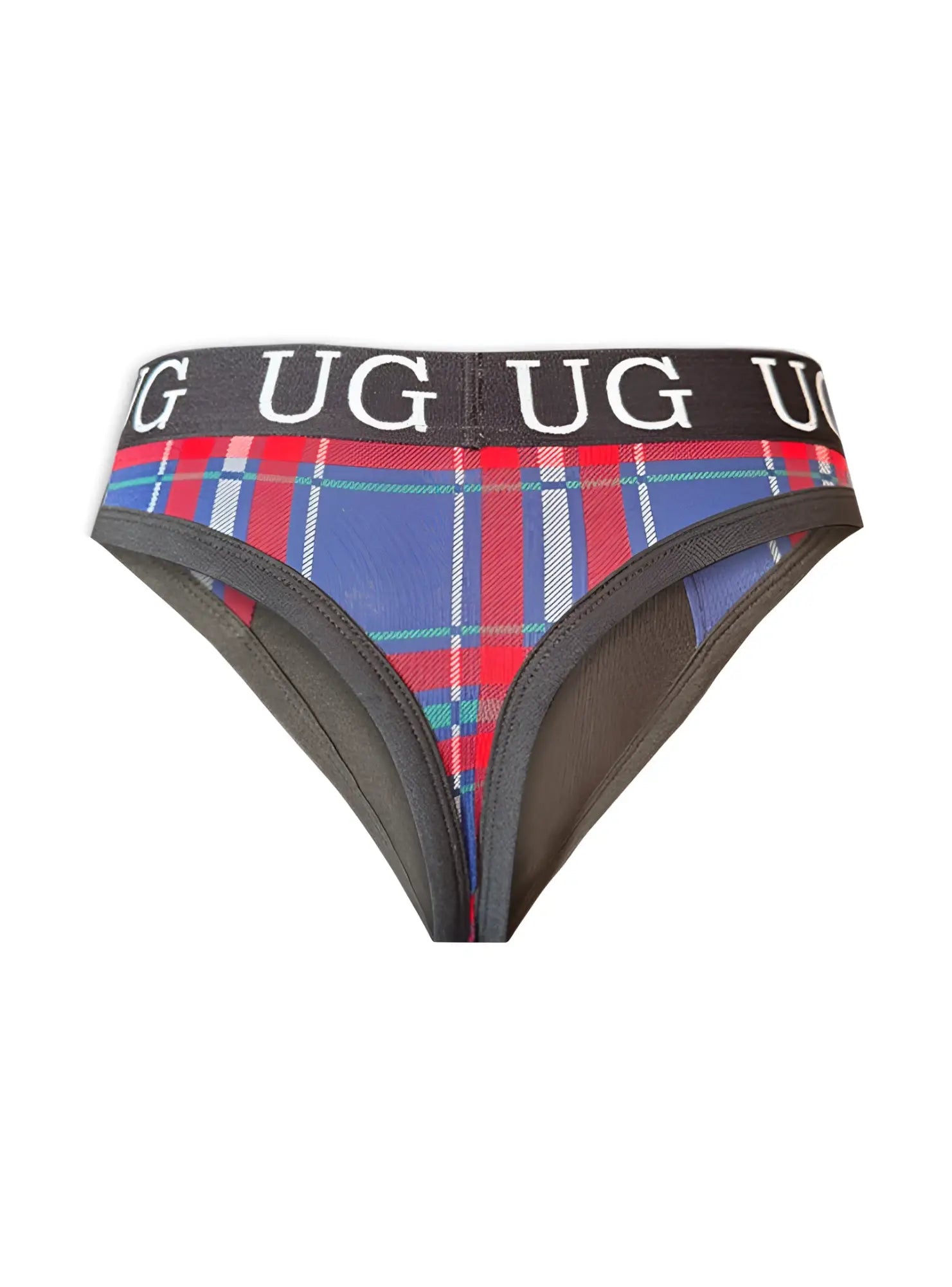 Edge cotton thong featuring red blue and white plaid cotton fabric with a black elastic waistband and logo branding
