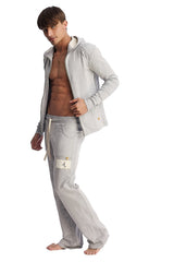 Light gray hooded sweatshirt with front zipper and subtle gold branding on the chest for edge eco-track and yoga wear