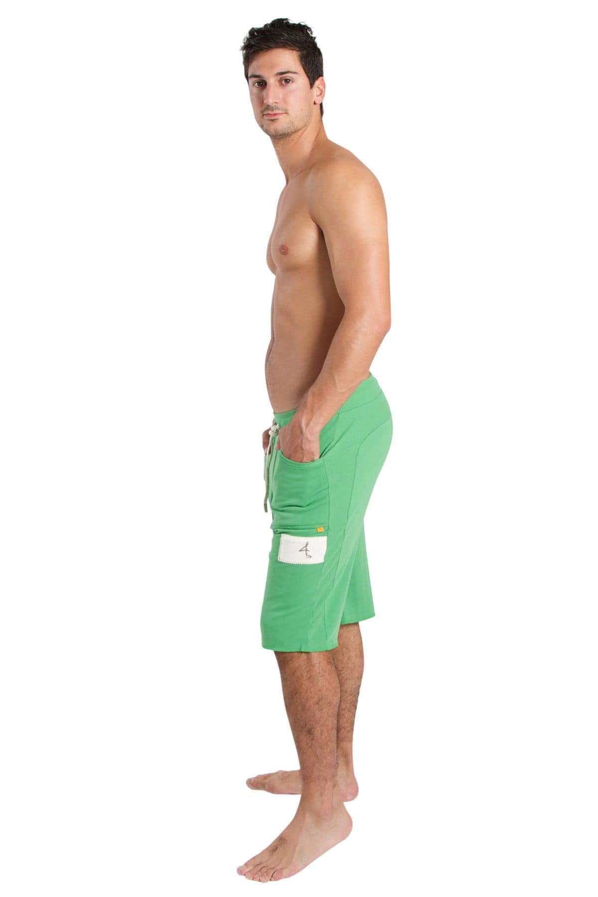 Edge eco-track short in bamboo green with a white side pocket patch made from eco-friendly fabric