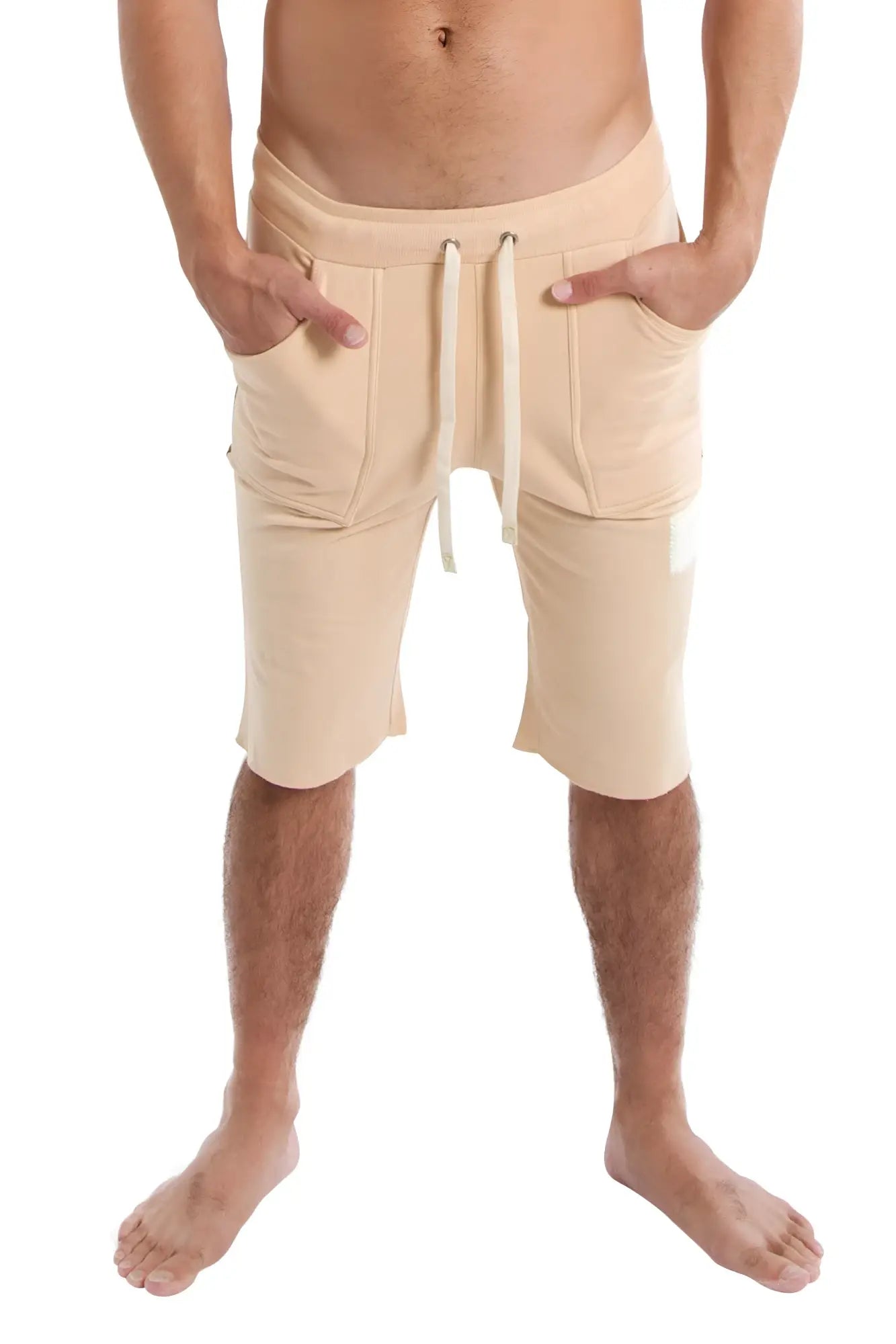 Beige edge eco-track shorts with drawstring waist side pockets and relaxed fit in sand with chocolate details