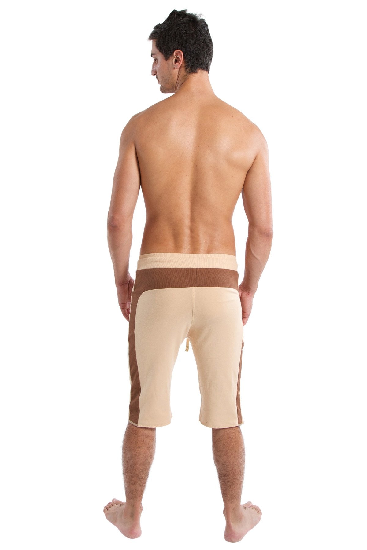 Beige and brown edge eco-track shorts with contrasting waistband in sand and chocolate colors for athletic use