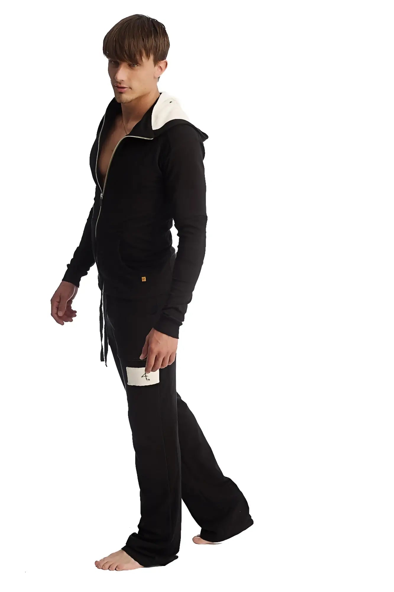 Black edge eco-track and yoga sweat pant set with white-lined hood gold zipper pull and embroidered thigh logo
