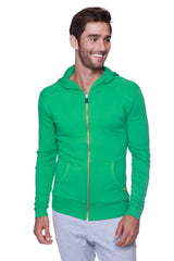 Edge form-fit crossover yoga track performance hoodie in bamboo green with gold zipper and front pockets