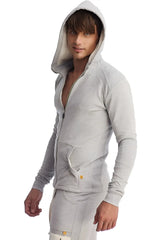 Edge form-fit crossover yoga track performance hoodie in heather grey with zip-up front hood and long sleeves