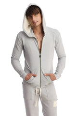 Edge form-fit crossover yoga track performance hoodie in heather grey with cream interior lining and ribbed cuffs
