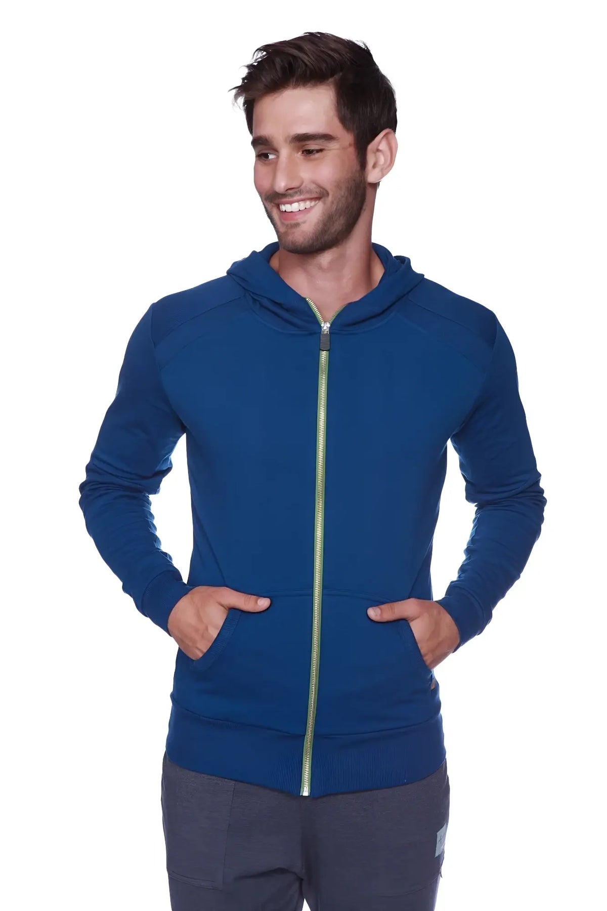 Edge form-fit crossover yoga track performance hoodie in royal blue with light green zipper and two front pockets