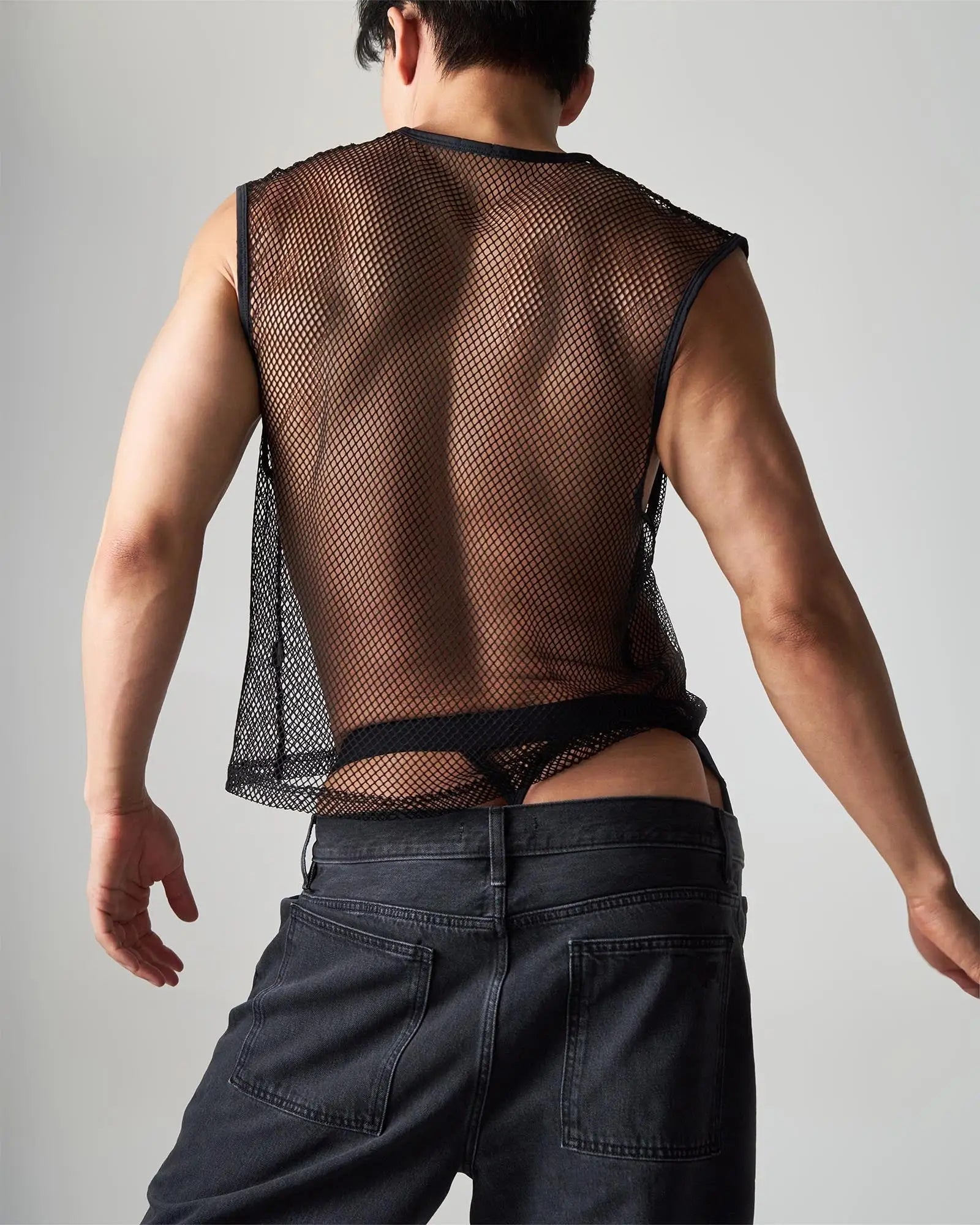Black edge net mesh muscle tank sleeveless top with sheer breathable fabric and fitted cut
