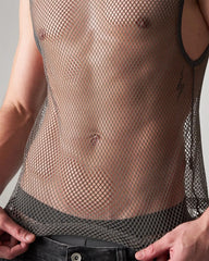 Black mesh muscle tank top with a tight form-fitting design made of breathable net fabric for activewear use