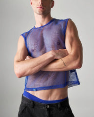 Blue mesh sleeveless muscle tank with a fitted cropped design made from breathable edge net material
