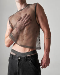 Dark gray edge net mesh muscle tank with fitted cropped design and reinforced shoulder seams