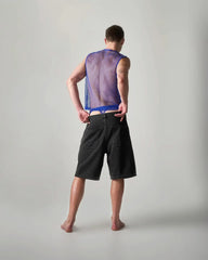 Edge net mesh muscle tank featuring a translucent purple mesh fabric with a blue waistband for breathable comfort
