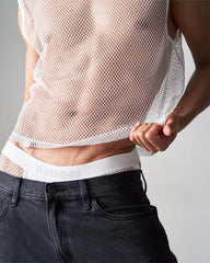White edge net mesh muscle tank top with delicate semi-transparent design and fine grid pattern