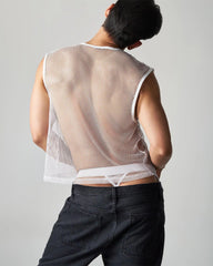 White mesh sleeveless muscle tank with fitted cropped design and lace trim at hem edge net mesh muscle tank