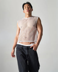 White mesh sleeveless muscle tank with subtle sheen and fine uniform grid pattern for lightweight breathability