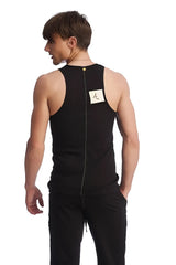 Back view of black edge sustain tank top sleeveless with central zipper and small white logo label