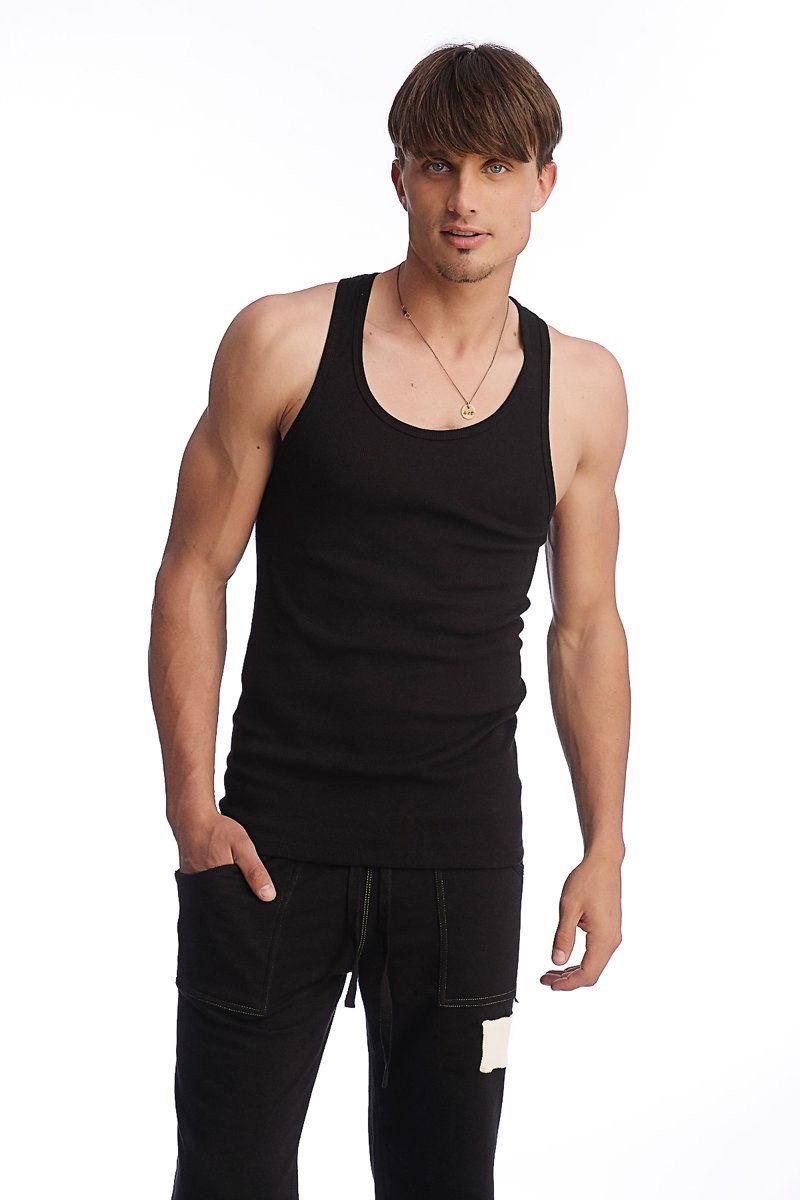 Black edge sustain tank top with sleeveless design rounded neckline and fitted silhouette for casual wear