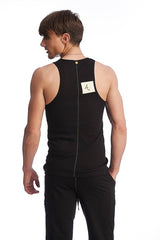 Back view of black edge sustain tank top sleeveless with central zipper and small white logo label