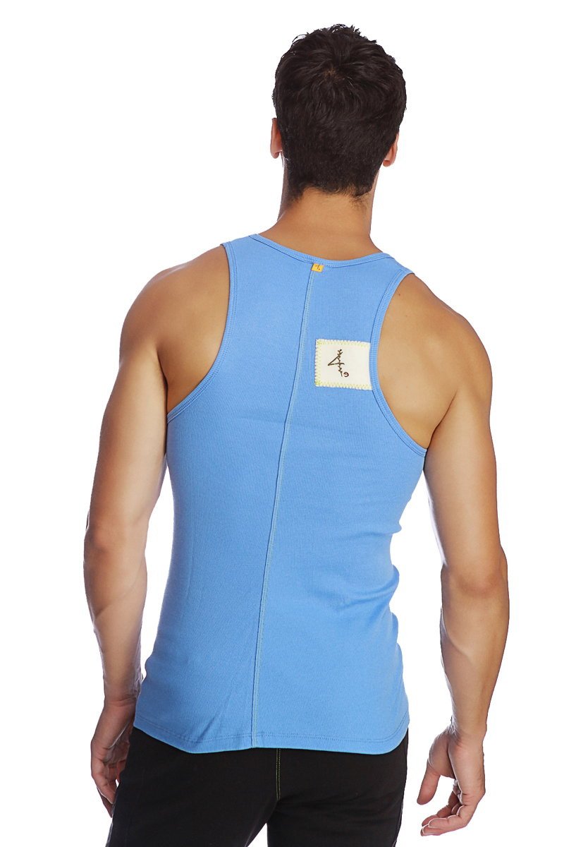 Back view of light blue ribbed edge sustain tank top with central zipper and white label with black calligraphy
