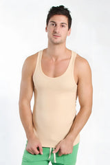 Beige sleeveless edge sustain tank top with rounded neckline and subtle ribbed texture in sand beige color