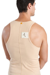 Beige ribbed cotton edge sustain tank top back side with central zipper and white label with black calligraphy