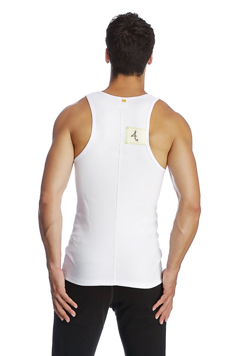 White sleeveless edge sustain tank top back view with central zipper and small label for athletic use