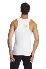 White sleeveless edge sustain tank top back view with central zipper and small label for athletic use
