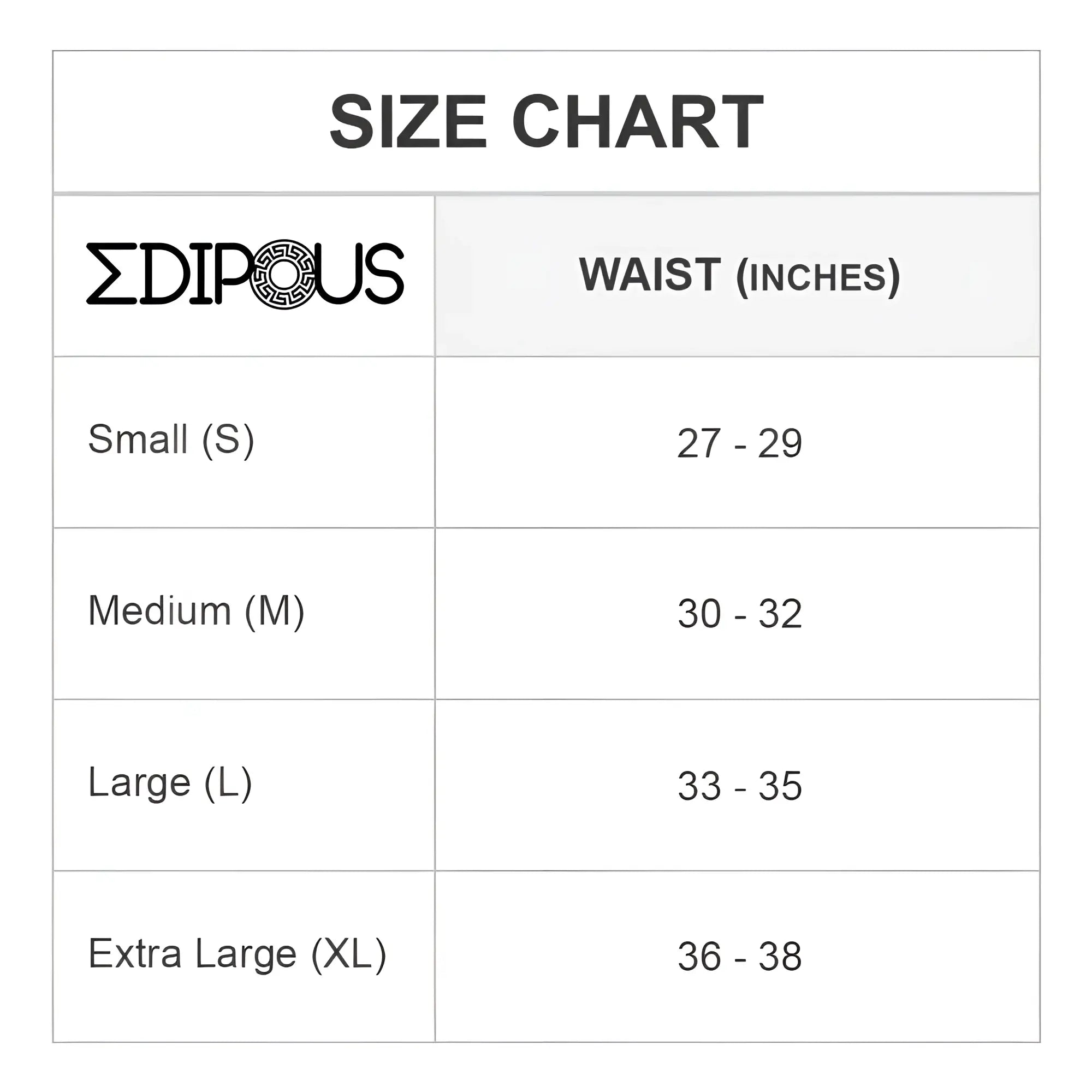 Edipous EDJ014 brief size chart showing waist measurements in inches for accurate fitting guidance