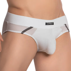 White sigma brand edipous edj020 briefs with mesh panels and gray accent stripes for comfortable support