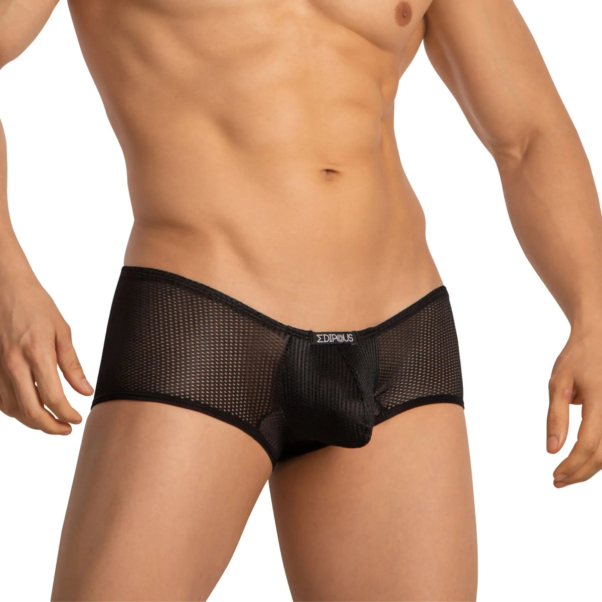 Black mesh briefs edipous edj022 with solid black central panel and edipous embroidered waistband