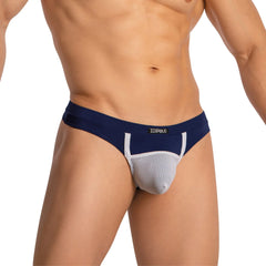 Navy blue and white mesh briefs with branded label from edipous edk024 thong front view