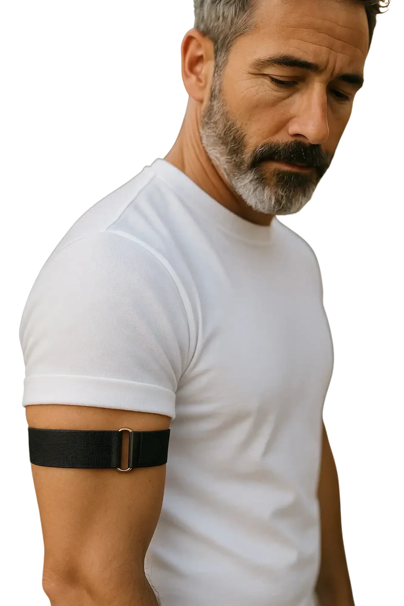 Black nylon elastic armband with a gold-tone metal buckle for secure and stylish arm support