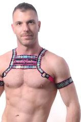 Electro armband set of 2 with vibrant pink and black straps featuring a colorful zigzag chest harness design