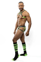 Neon green and black athletic underwear with bold geometric pattern from the electro holographic harness collection