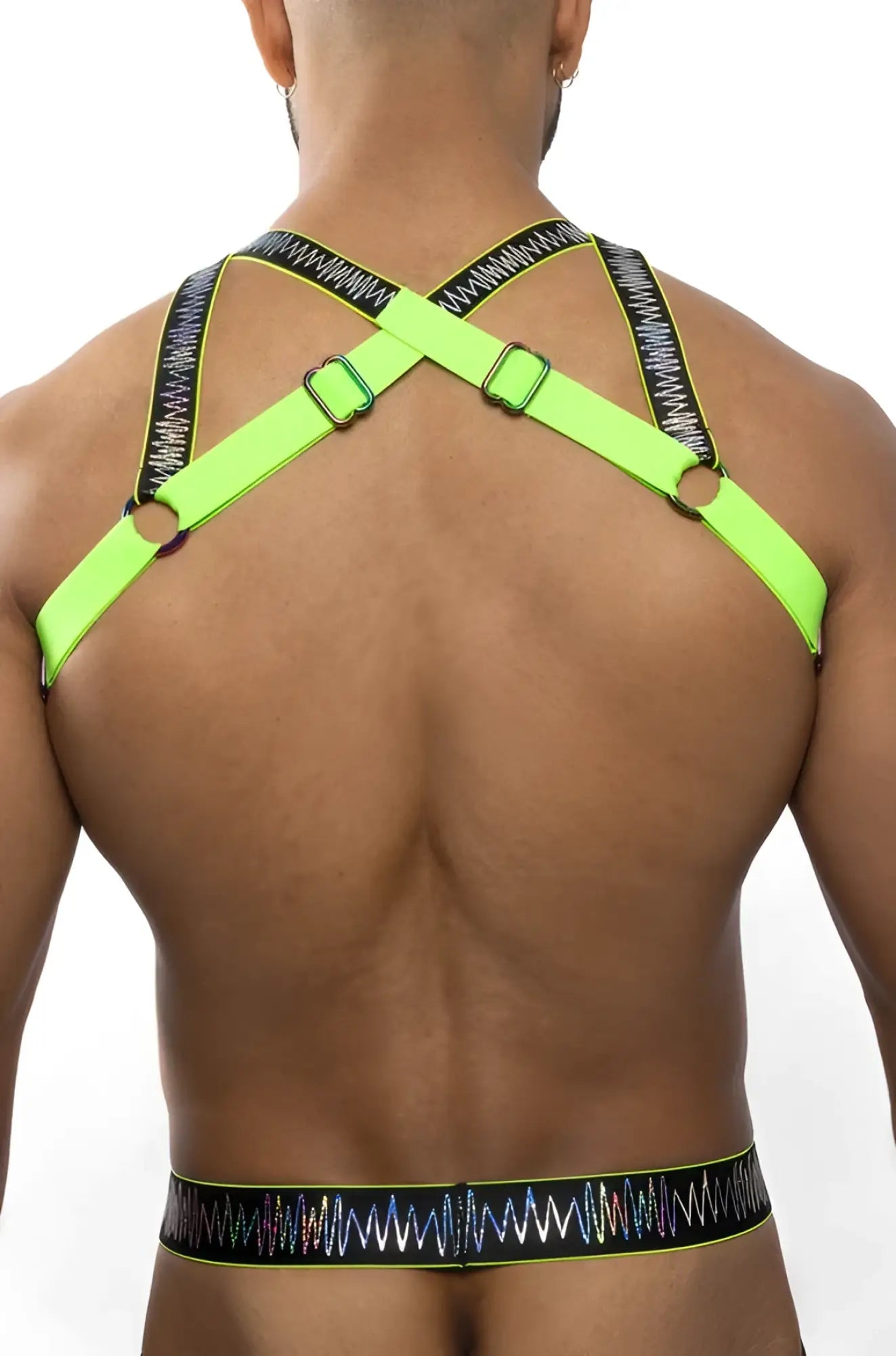 Neon green electro holographic harness with black patterned straps and metallic buckles showing front view