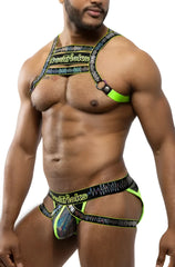 Vibrant neon green and black harness-style lingerie set with bold patterned design from electro holographic harness collection