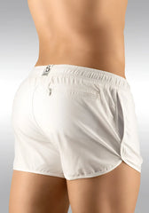 White ergowear built in x4d bikini mesh gym shorts with elastic waistband side pockets and subtle back logo size m shown from back